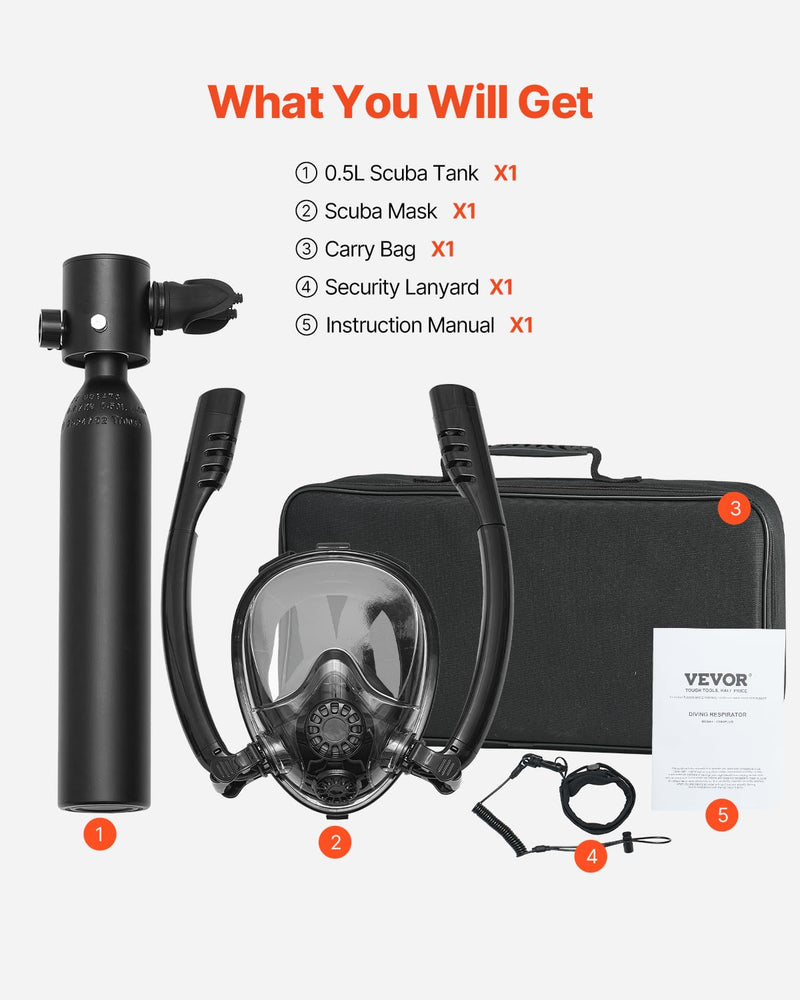VEVOR Tanque de Buceo Portátil 0.5 L, para 5-10 Minutos Bajo el Agua, Profundidad 10 m, con Máscara de Snorkel, 73x365 mm