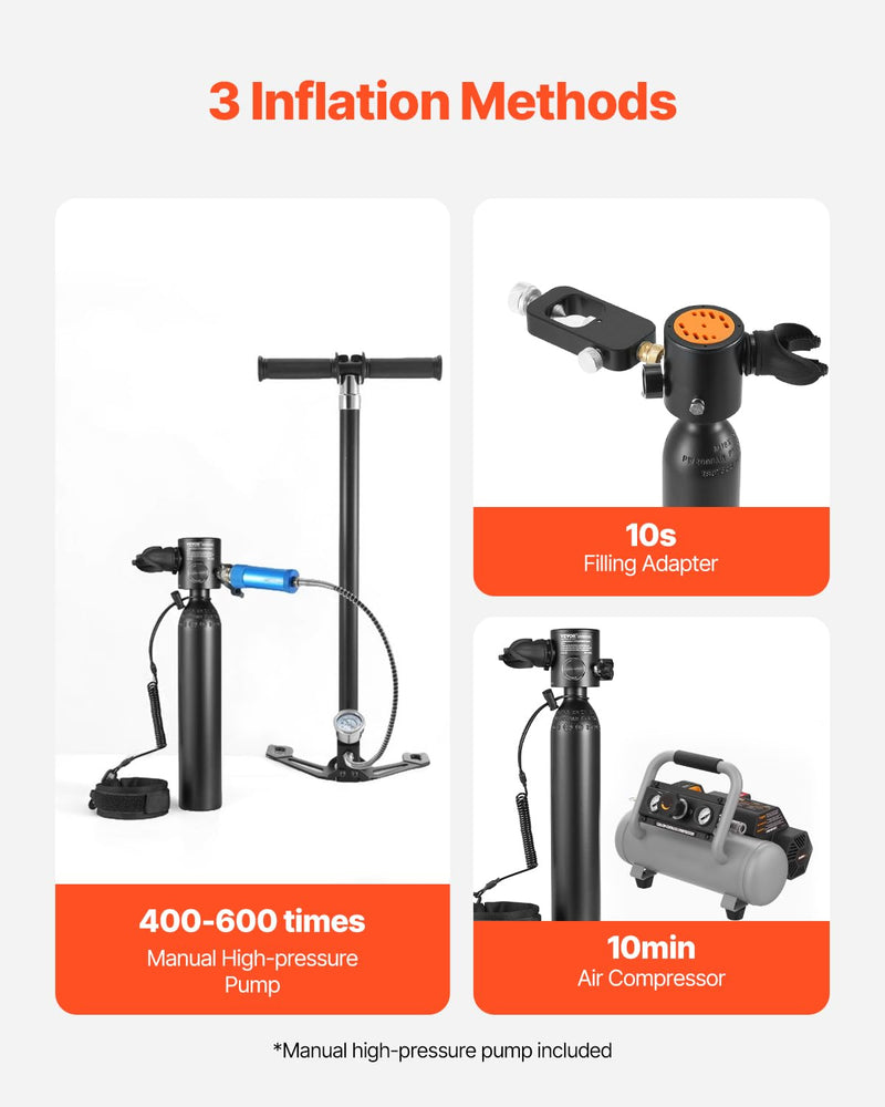 VEVOR Tanque de Buceo Portátil 0.5 L, para 5-10 Minutos Bajo el Agua, Profundidad 10 m, con Máscara de Snorkel, 73x365 mm