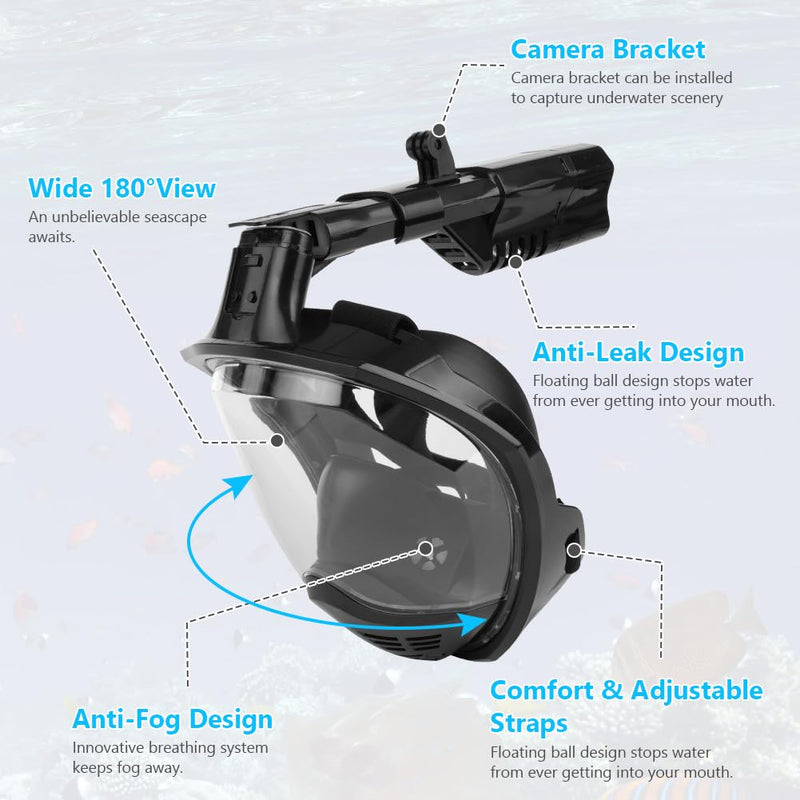 AOOSA Máscara Snorkel Cara Completa 180°, Tubo Seco, Antivaho, Soporte de Cámara, Negra S/M
