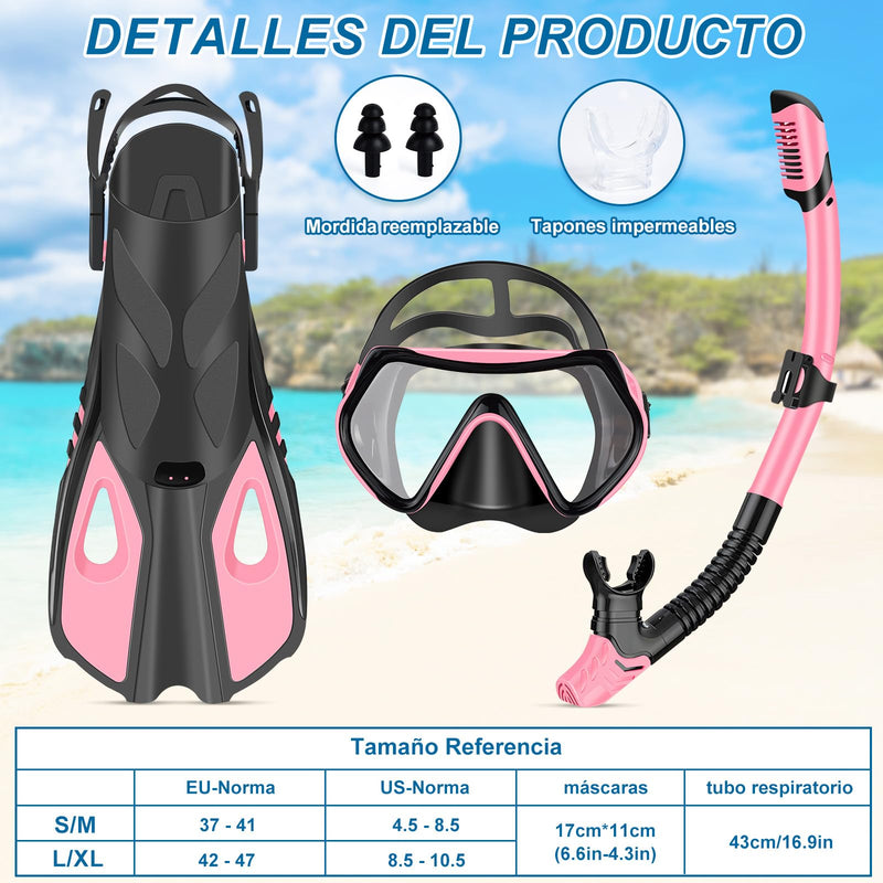 IEEILULU Set de Snorkel para Adultos, con Gafas de Buceo, Tubo Semiseco y Aletas Ajustables, S/M, Rosa