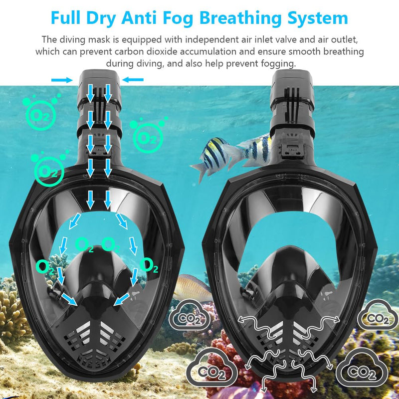AOOSA Máscara Snorkel Cara Completa 180°, Tubo Seco, Antivaho, Soporte de Cámara, Negra S/M