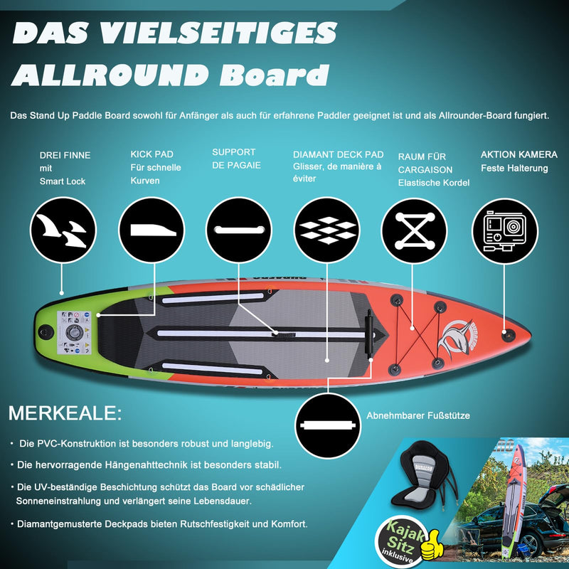 Tabla de Paddle Surf Hinchable (SUP), con Asiento Kayak y Doble Remo Ajustable, 330x76x15 cm, hasta 150 kg, Roja