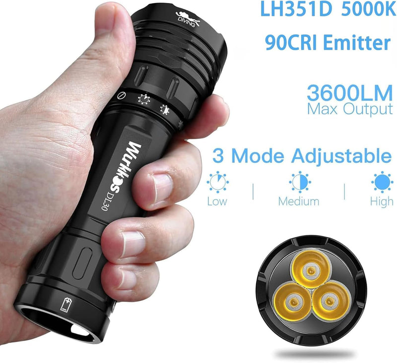 Wurkkos DL30 Linterna de Buceo LED, 3600 Lúmenes, IPX8, Blanco Neutro, 5000mAh