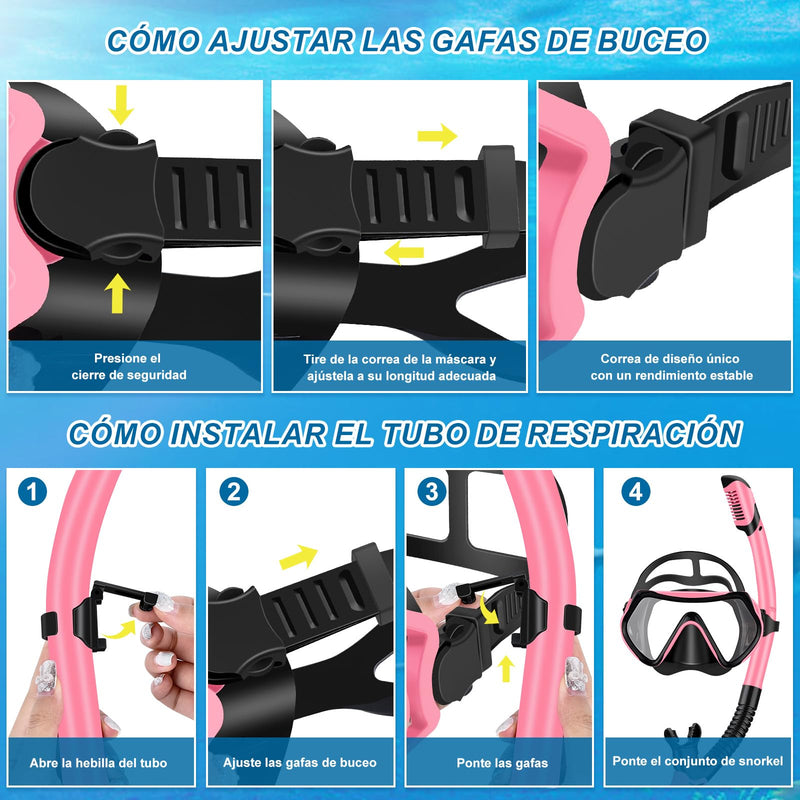 IEEILULU Set de Snorkel para Adultos, con Gafas de Buceo, Tubo Semiseco y Aletas Ajustables, S/M, Rosa