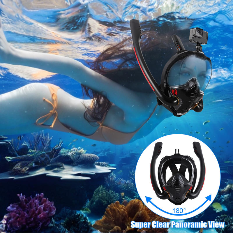 Máscara de Snorkel de Cara Completa para Adultos, con Doble Tubo, Visión 180º, Antivaho y Soporte para Cámara