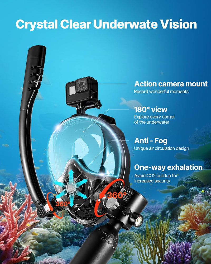 VEVOR Tanque de Buceo Portátil 0.5 L, para 5-10 Minutos Bajo el Agua, Profundidad 10 m, con Máscara de Snorkel, 73x365 mm