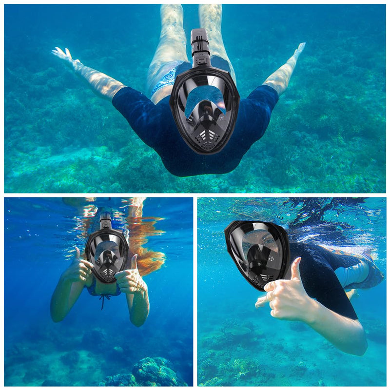 AOOSA Máscara Snorkel Cara Completa 180°, Tubo Seco, Antivaho, Soporte de Cámara, Negra S/M
