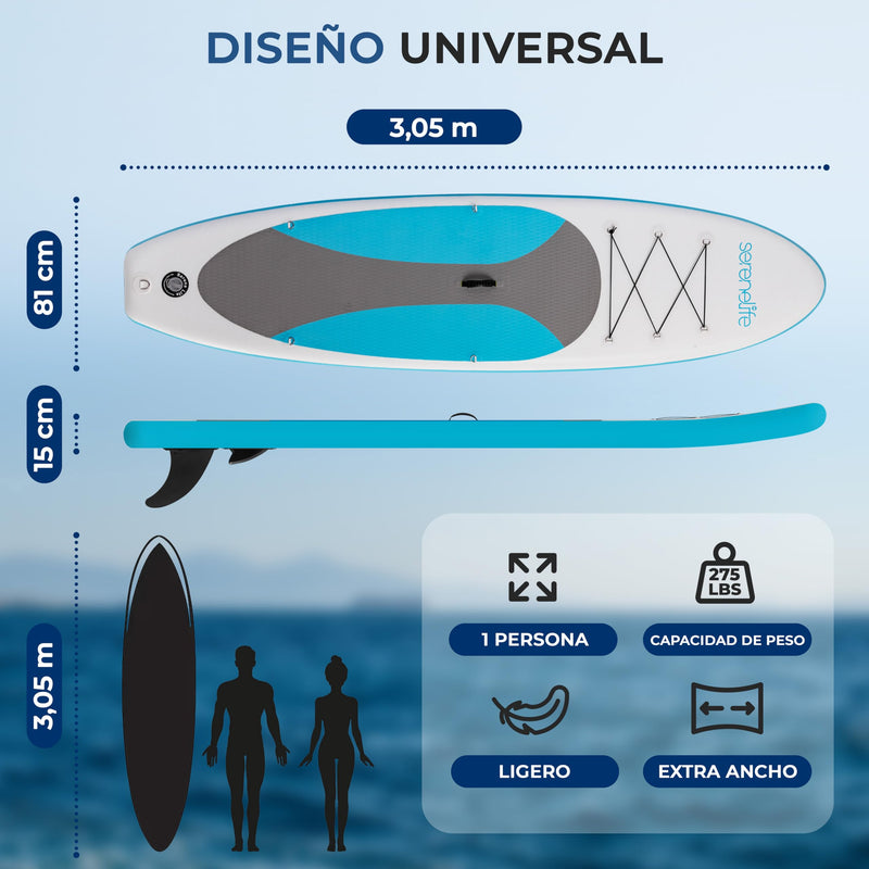 SereneLife Tabla de Paddle Surf Hinchable (ISUP), Cubierta Antideslizante, Incluye Aleta y Estuche, para Adultos y Jóvenes