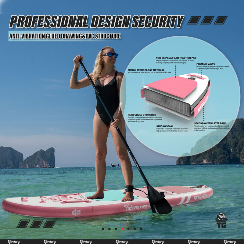 TIGERXBANG Defender-Pro Tabla de Paddle Surf Hinchable, con Asiento Kayak y Remo Doble Uso, 320x82x15 cm, Rosado
