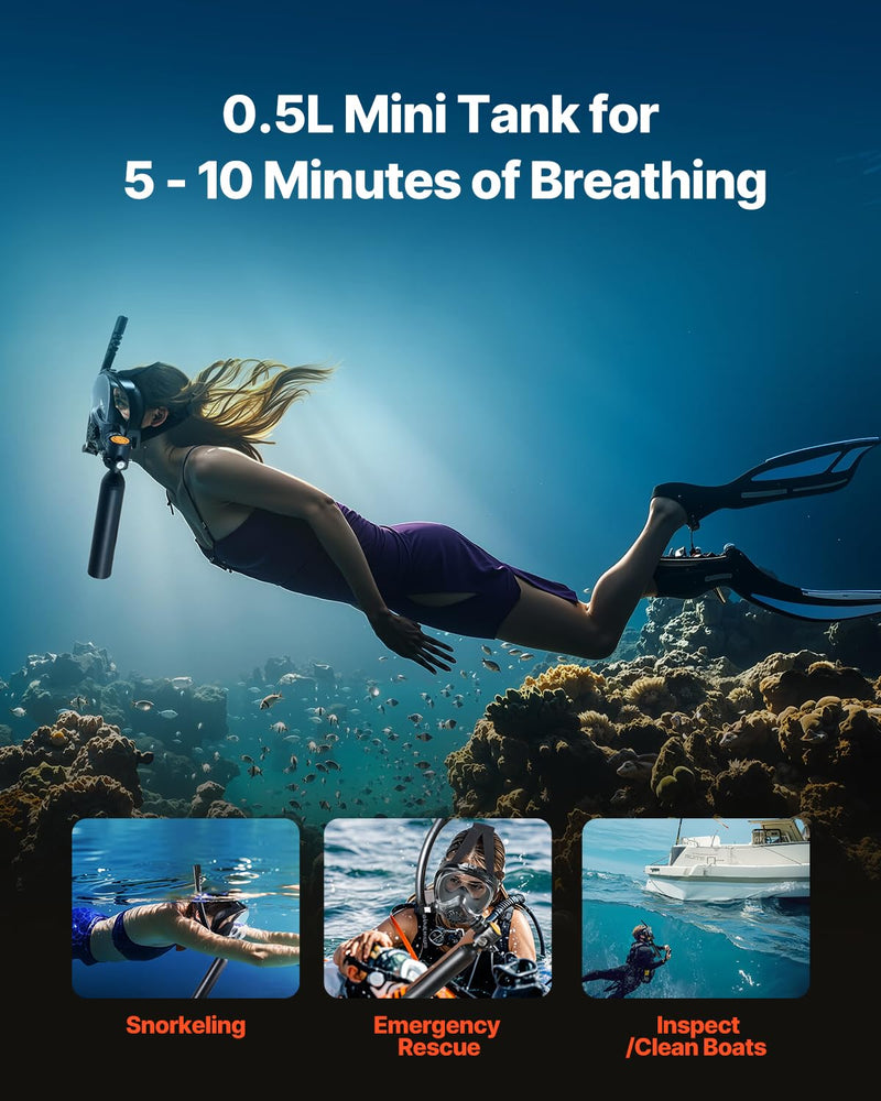VEVOR Tanque de Buceo Portátil 0.5 L, para 5-10 Minutos Bajo el Agua, Profundidad 10 m, con Máscara de Snorkel, 73x365 mm