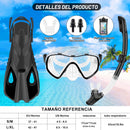 IEEILULU Kit de Snorkel para Adultos (7 Piezas), Máscara Antivaho, Aletas Ajustables, con Bolsa, Negro, Talla S/M