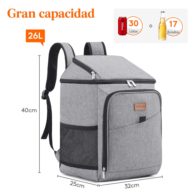 Lifewit Mochila Nevera Térmica 26L (34 Latas), Portátil para Playa, Camping y Picnic, Gris