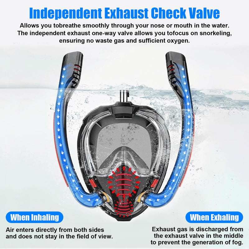 Máscara de Snorkel de Cara Completa para Adultos, con Doble Tubo, Visión 180º, Antivaho y Soporte para Cámara