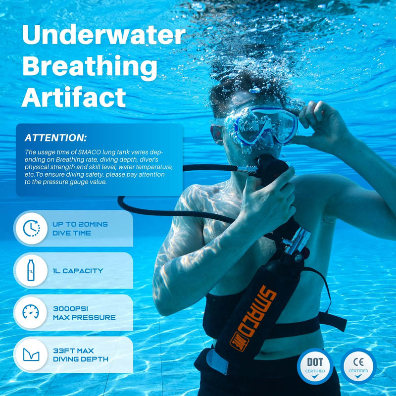 SMACO Mini Tanque de Buceo Portátil, 1 Litro, 15-20 Minutos de Autonomía