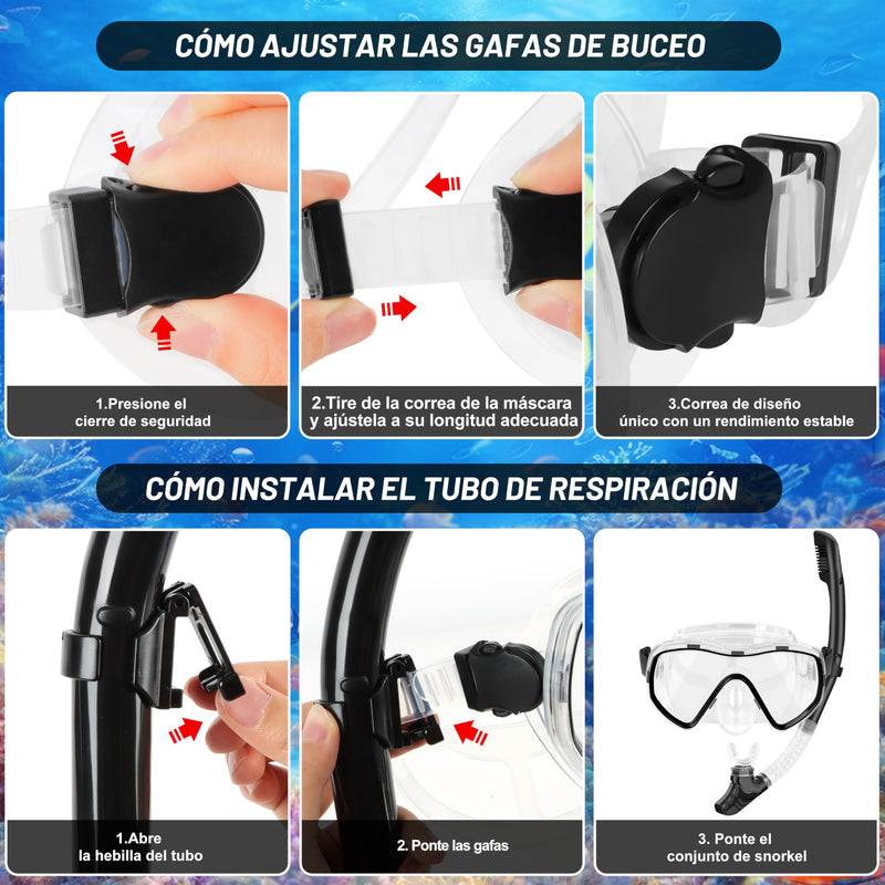 IEEILULU Kit de Snorkel para Adultos (7 Piezas), Máscara Antivaho, Aletas Ajustables, con Bolsa, Negro, Talla S/M