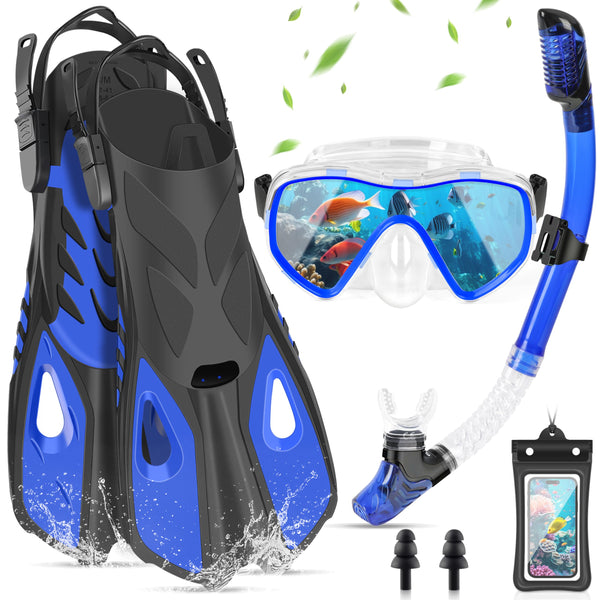 IEEILULU Kit de Snorkel para Adultos (7 Piezas), Máscara Antivaho, Aletas Ajustables, con Bolsa, Azul, Talla S/M