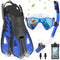 IEEILULU Kit de Snorkel para Adultos (7 Piezas), Máscara Antivaho, Aletas Ajustables, con Bolsa, Azul, Talla S/M