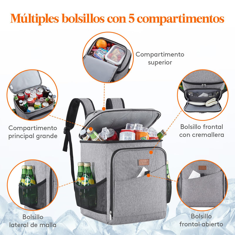 Lifewit Mochila Nevera Térmica 26L (34 Latas), Portátil para Playa, Camping y Picnic, Gris