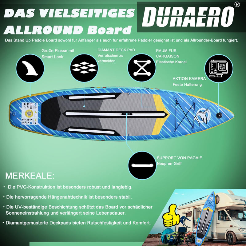 DURAERO Tabla de Paddle Surf Hinchable (SUP), con Soporte para Cámara, Kit Completo, 330x76x15 cm, hasta 150 kg