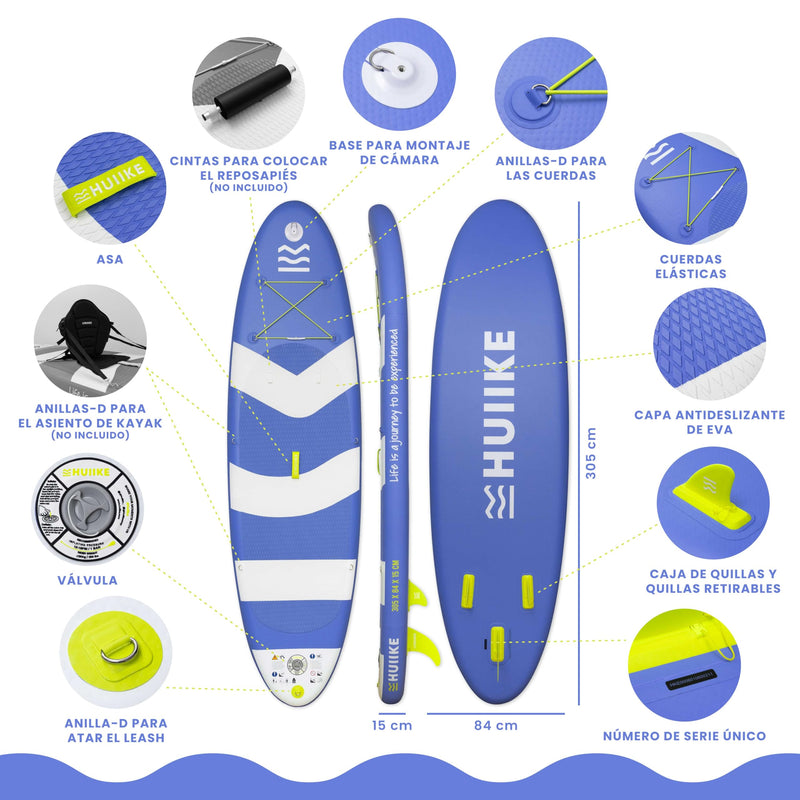 HUIIKE Tabla de Paddle Surf Hinchable (SUP), Kit Completo con Remo Ajustable, Estable y Resistente, 305x84x15 cm, hasta 130 kg