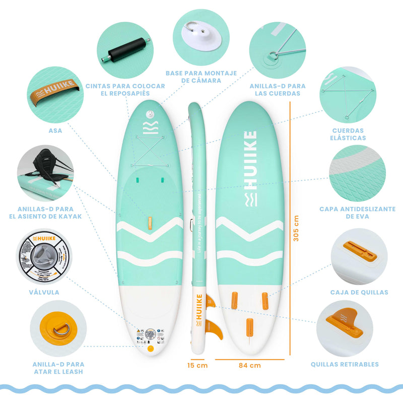 HUIIKE Tabla de Paddle Surf Hinchable (SUP), Kit Completo, 305x84x15 cm, hasta 130 kg