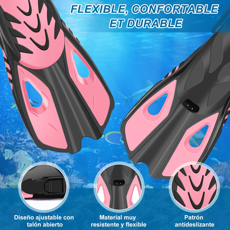 IEEILULU Set de Snorkel para Adultos, con Gafas de Buceo, Tubo Semiseco y Aletas Ajustables, S/M, Rosa