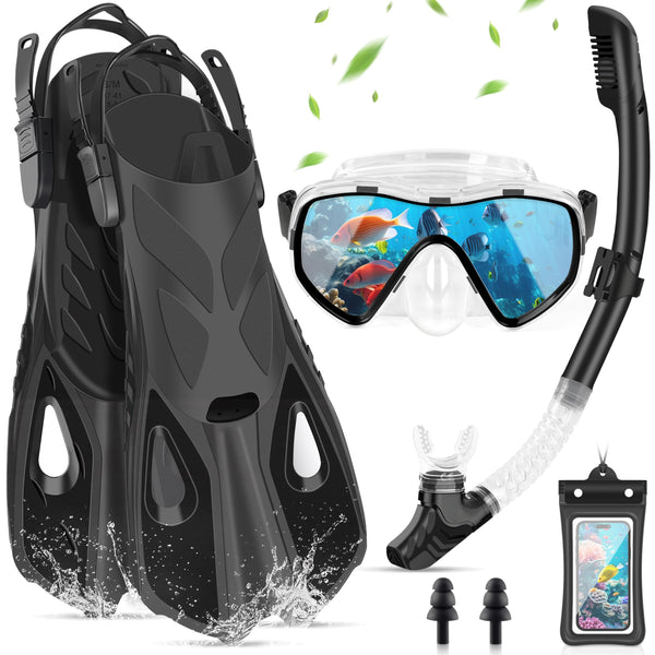 IEEILULU Kit de Snorkel para Adultos (7 Piezas), Máscara Antivaho, Aletas Ajustables, con Bolsa, Negro, Talla S/M