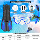 IEEILULU Kit de Snorkel para Adultos (7 Piezas), Máscara Antivaho, Aletas Ajustables, con Bolsa, Azul, Talla S/M