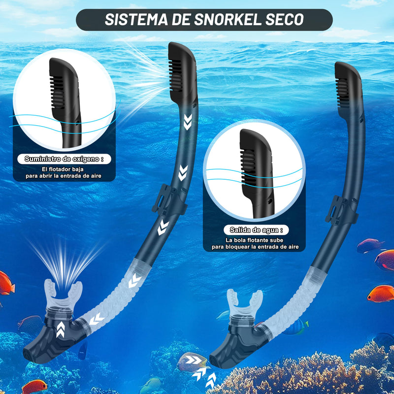 IEEILULU Kit de Snorkel para Adultos (7 Piezas), Máscara Antivaho, Aletas Ajustables, con Bolsa, Negro, Talla S/M