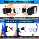IEEILULU Kit de Snorkel para Adultos (7 Piezas), Máscara Antivaho, Aletas Ajustables, con Bolsa, Azul, Talla S/M