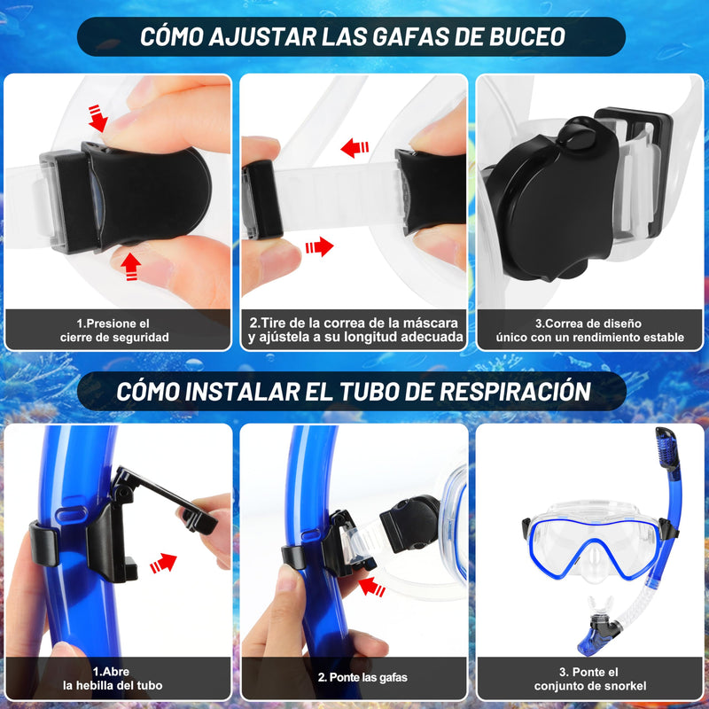 IEEILULU Kit de Snorkel para Adultos (7 Piezas), Máscara Antivaho, Aletas Ajustables, con Bolsa, Azul, Talla S/M
