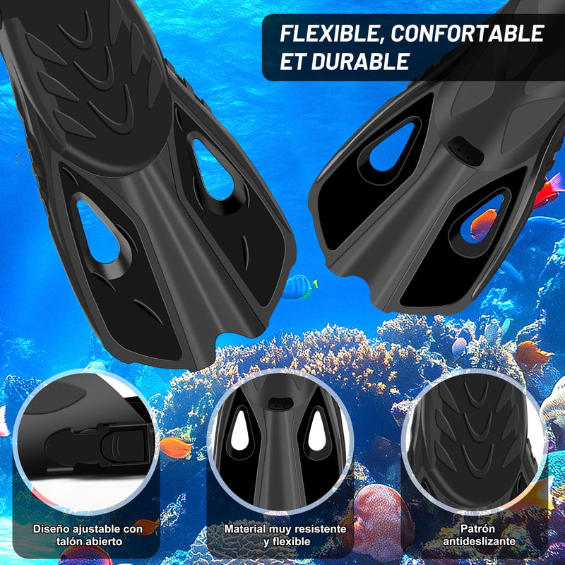 IEEILULU Kit de Snorkel para Adultos (7 Piezas), Máscara Antivaho, Aletas Ajustables, con Bolsa, Negro, Talla S/M