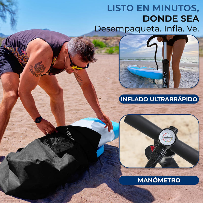 SereneLife Tabla de Paddle Surf Hinchable (ISUP), Cubierta Antideslizante, Incluye Aleta y Estuche, para Adultos y Jóvenes